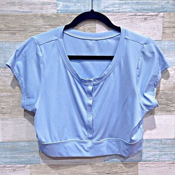 OFFLINE BY AERIE Stretchy Ribbed Crop Top Blue Henley Short Sleeve Womens Large - Picture 1 of 4